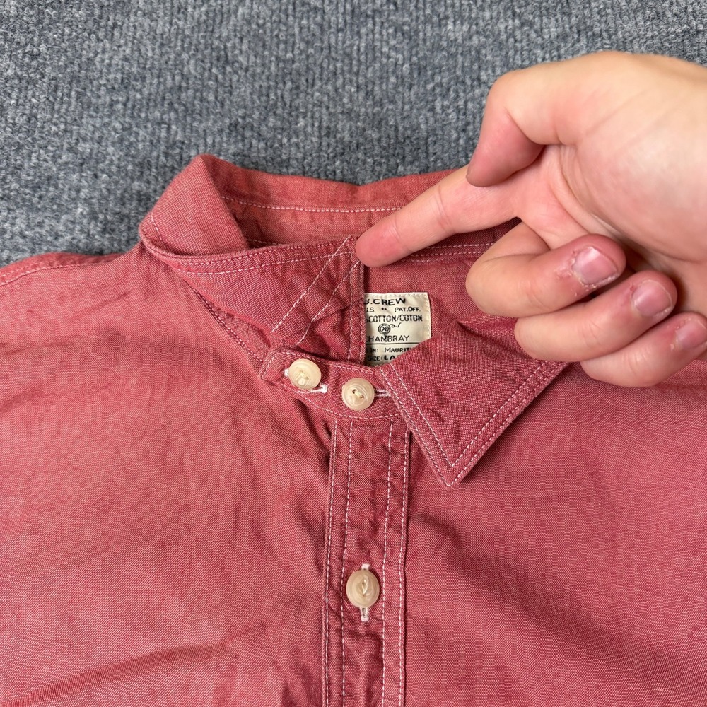 J Crew Chambray Shirt Mens L Pastel Red Long Sleeve Work Utility Chin Strap - Picture 6 of 10